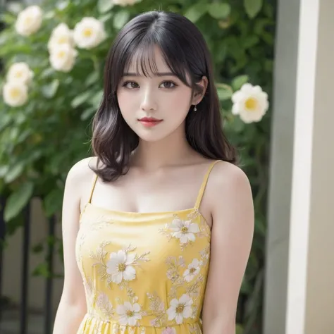 black hair, length below the shoulders,  with curls, girl, marked clavicle, chubby girl, Brown eyes, cachetona, splash nose,almond eyes, long eyelashes, thick fleshy and pink lips, big breasts, yellow dress with white flowers and a tender smile
