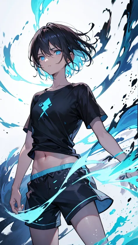 Short haired man, blue glowing eyes, dark brown skin, hair flowing through the wind, Black t shirt, white shorts, clothes flowing through the wind, determined face, Light blue glowing background