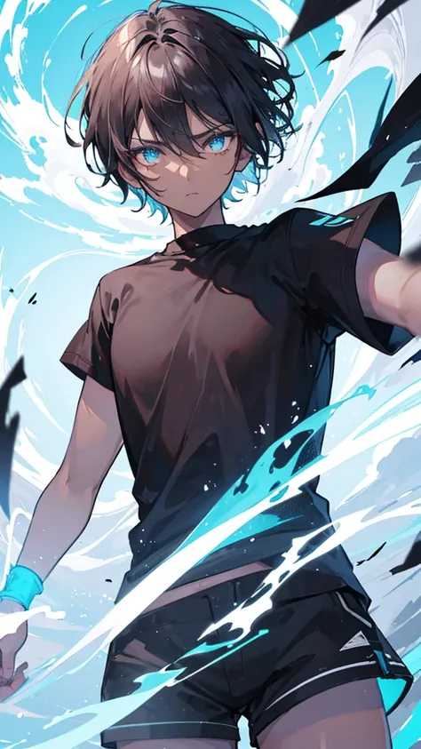 Short haired man, blue glowing eyes, dark brown skin, hair flowing through the wind, Black t shirt, white shorts, clothes flowing through the wind, determined face, Light blue glowing background