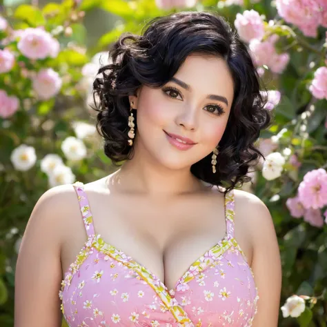 black hair, length below the shoulders,  with curls, girl, marked clavicle, chubby girl, Brown eyes, cachetona, splash nose,almond eyes, long eyelashes, thick fleshy and pink lips, big breasts, yellow dress with white flowers and a tender smile
