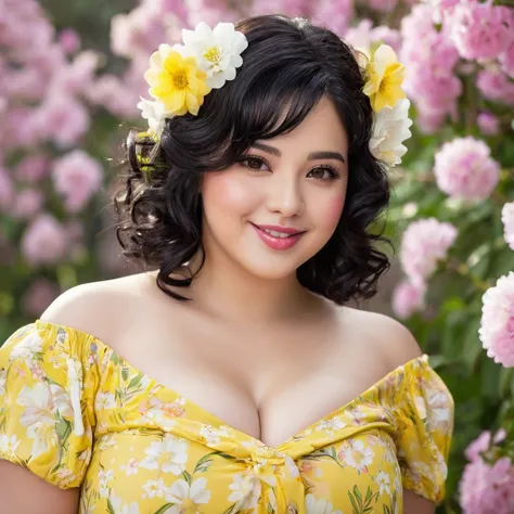 black hair, length below the shoulders,  with curls, girl, marked clavicle, chubby girl, Brown eyes, cachetona, splash nose,almond eyes, long eyelashes, thick fleshy and pink lips, big breasts, yellow dress with white flowers and a tender smile
