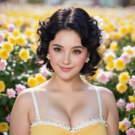 black hair, length below the shoulders,  with curls, girl, marked clavicle, chubby girl, Brown eyes, cachetona, splash nose,almond eyes, long eyelashes, thick fleshy and pink lips, big breasts, yellow dress with white flowers and a tender smile
