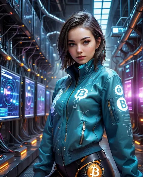 A pretty girl in cyberpunk jacket in a futuristic financial trading hall with high-tech miners mining Bitcoin, the Bitcoin symbol in a technological and electronic scenario, cyberpunk and futuristic, Science fiction, hightech, photo realist, best qualityer