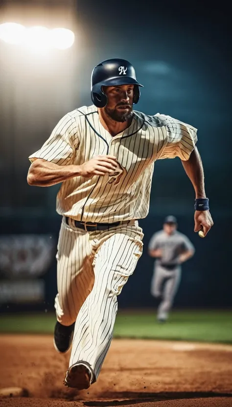 a baseball player running to steal a base, dramatic action shot, front view, dark horror atmosphere, speed motion blur, athleticism, intense tension, high-octane excitement, dynamic pose, intense speed, blurred motion, adrenaline-fueled intensity, cinemati...