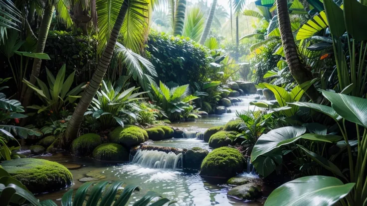 ultra-detailed tropical forest with a small stream in the center.