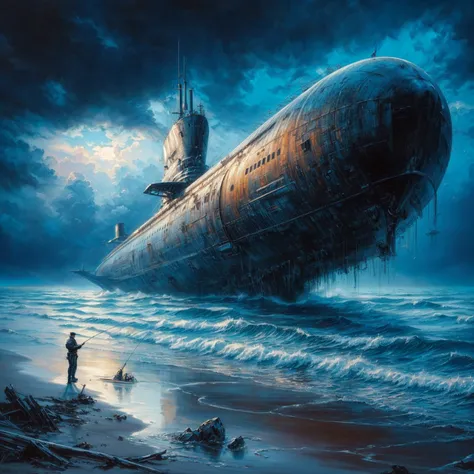 a painting of a U-Boot floating in the ocean with a man fishing, beached U-Boot, U-Boot, U-Boot in background. dunkel, Stefan Koidl inspiriert, giant U-Boot, Alejandro Burdisio Kunst, von David G. Sorensen, Michael Whelan und Gustave fertig, von Krzysztof ...