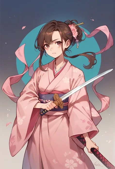 a girl with brown hair, long, loose, Dressed in a pink kimono, holding a sword 