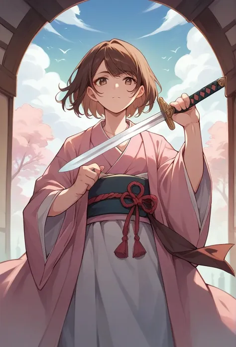 a girl with brown hair, long, loose, Dressed in a pink kimono, holding a sword 