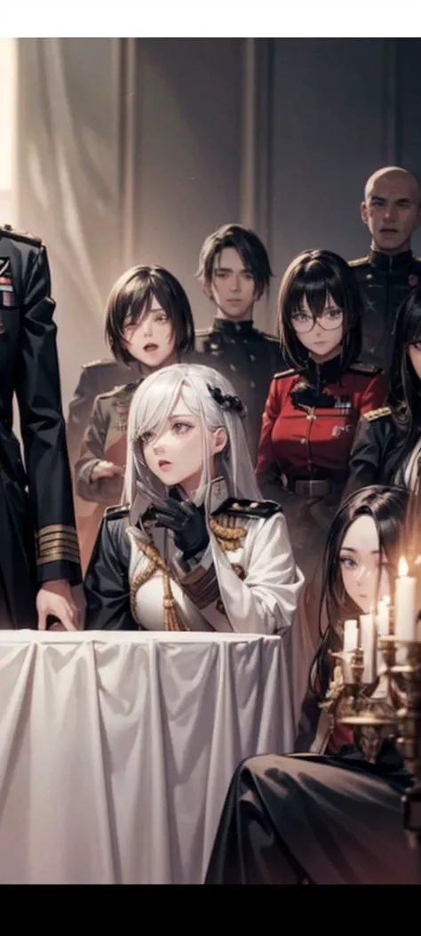 A female general with white themed military outfit with white hair.... Making her speech 