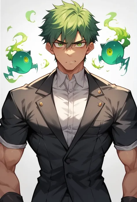 a young man, with intimidating appearance but very sexy, with slanted dark green eyes, he has marked circles under his eyes and ...