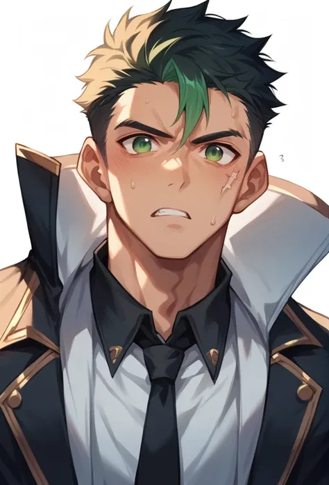 a young man, with intimidating appearance but very sexy, with slanted dark green eyes, he has marked circles under his eyes and ...