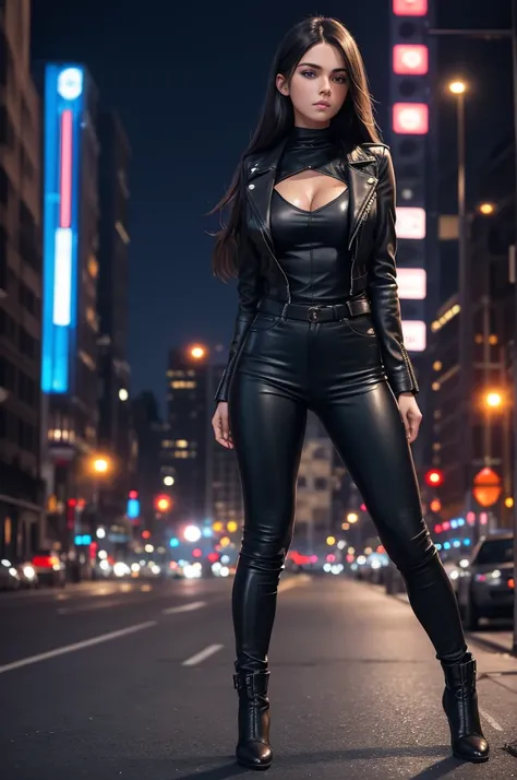 full body Realism, a 22 - year - old girl, light Blue beautiful eyes, dark hair, long hair beautiful hairstyle, light makeup, dressed in a leather jacket, tight leather pants, beautiful shoes on her feet, night city street in the background, high detail ap...