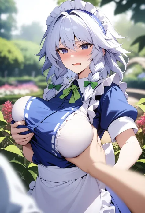 masterpiece, best quality, very aesthetic, absurdres, 1girl, mature_lady, embarrassed, pov_hands grabbing breasts, upper body,,izayoi sakuya, touhou,maid headdress, maid, apron, short sleeves, dress,,in a botanical garden,blur background,background defocus