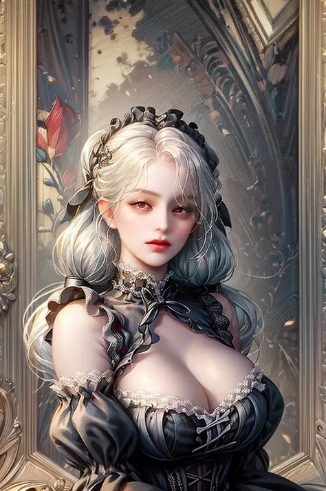 (masterpiece, best quality1.2), illustration, 8k, hd, 1girls, solo,(Victorian), white hair, long twintail, red eyes, (gigantic breasts), gothic lolita, black dress,  bare_shoulders, cleavage,  (upper body),