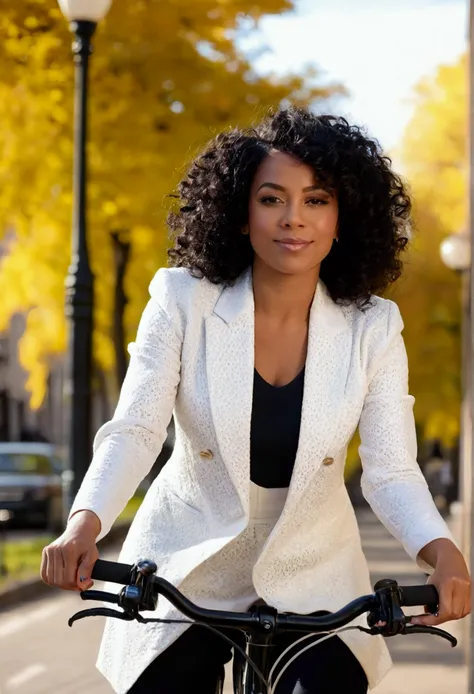 beautiful black woman black curly hair shining. 30 year old woman face. role model. full body elegant pose.beautiful black woman black curly hair shining. 30 year old woman face. role model. full body Riding a bicycle on a sunny day cyclist clothes