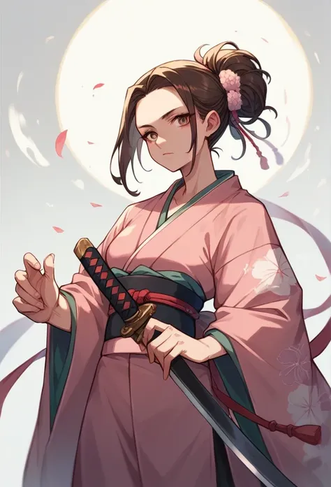 A girl with long brown hair,  Dressed in a pink kimono, holding a sword 