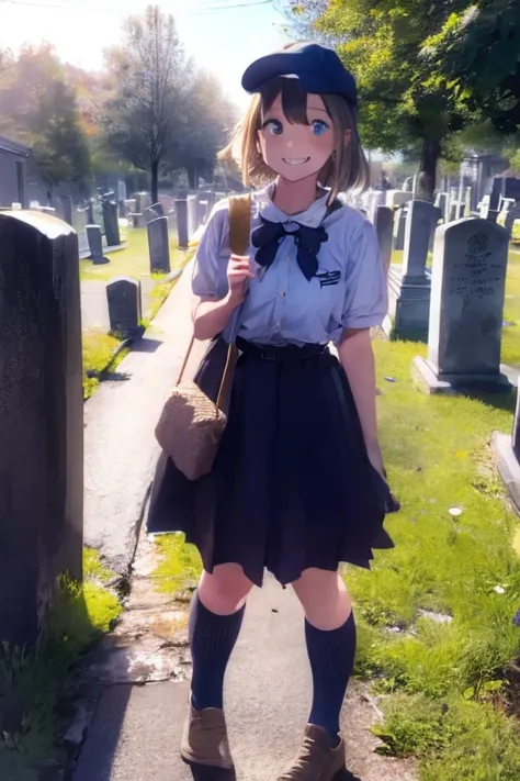 Young beautiful girl, Emma Myers, American, SOFT SMILING FACE, HAVE A BROWN HAIR, wears a old work cap, wears old-fashioned clothes, 19th century, poverty-stricken clothes, old torn clothes, 19th century period clothing, holding a bouquet, standing before ...