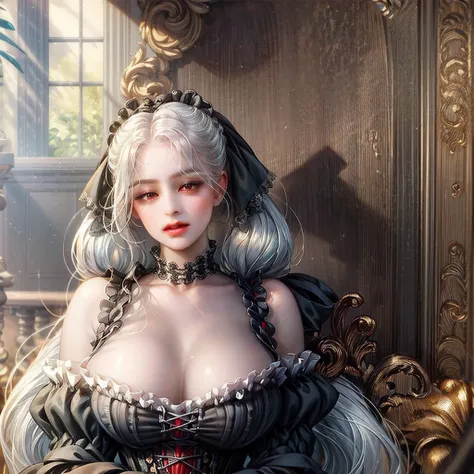 (masterpiece, best quality1.2), illustration, 8k, hd, 1girls, solo,(Victorian), white hair, long twintail, red eyes, (gigantic breasts), gothic lolita, black dress,  bare_shoulders, cleavage,  (upper body),