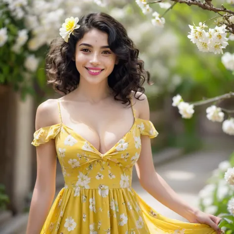 black hair, length below the shoulders,  with curls, girl, marked clavicle,skinny, Brown eyes, cachetona, splash nose,almond eyes, long eyelashes, thick fleshy and pink lips, big breasts, yellow dress with white flowers and a tender smile With light freckl...