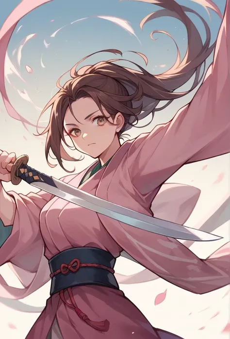 A girl with long brown hair,  Dressed in a pink kimono, holding a sword 