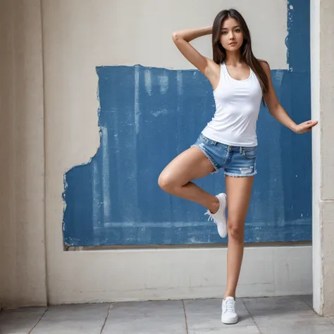 (masterpiece, best quality:1.2), 1girl, solo,standing_split, 
long hair, White sleeveless tank top，blue denim shorts