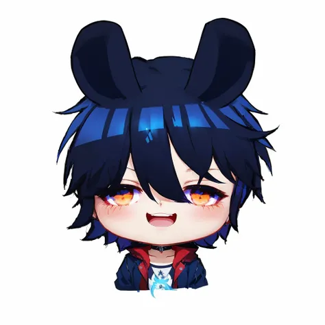 cartoon image of a boy with a blue hair and a black jacket, akane owari danganronpa, chibi, maplestory mouse, [[[[grinning evily]]]], inspired by Okumura Masanobu, cute character, hiro, handsome japanese demon boy, anime moe artstyle, mika kurai demon , 1g...