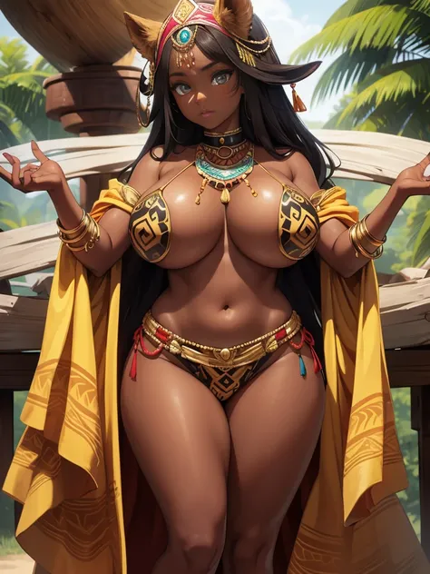 Girl with big breasts, in exotic tribal clothing, dark skinned