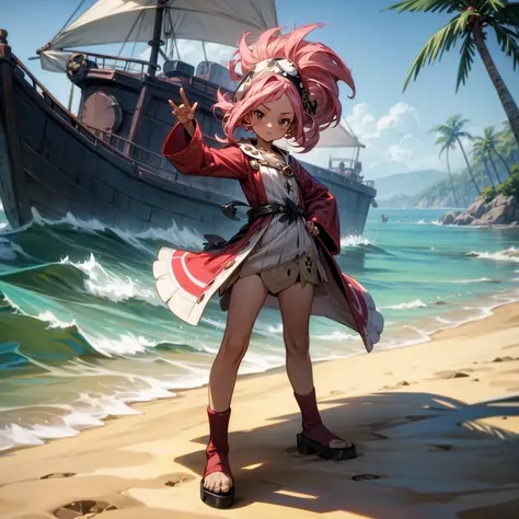 1childern girl, Full body version, 1character, black eyes, long Curly haircut, pink colour hair, ancient pirate style clothing, red colour clothing, Grassroots, background in the beach, motion blur, (pokemon style), standing gesture, no pirate hat