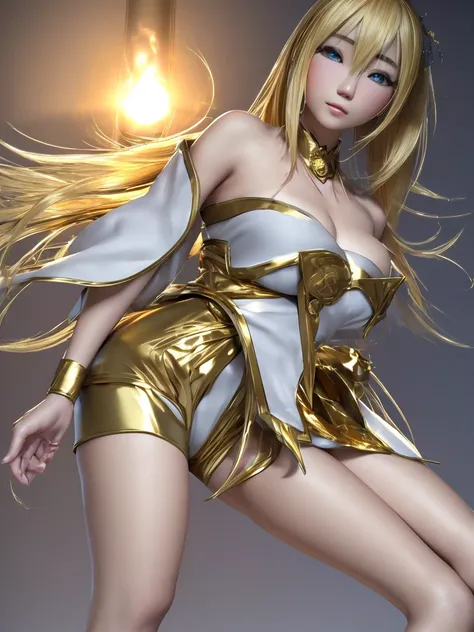 Realistic Beautiful half-Chinese-Japanese woman with light blond hair, her hair is medium length. Wear a white, gold-trimmed outfit with a strapless top and shorts. She is a very mysterious and sexy mage,3D rendering