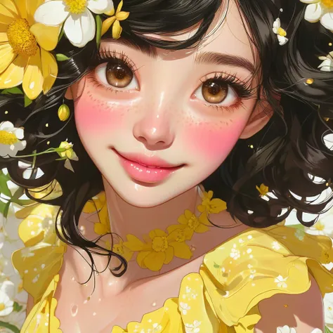 black hair, length below the shoulders,  with curls, girl, marked clavicle,skinny, Brown eyes, cachetona, splash nose,almond eyes, long eyelashes, thick fleshy and pink lips, big breasts, yellow dress with white flowers and a tender smile With light freckl...