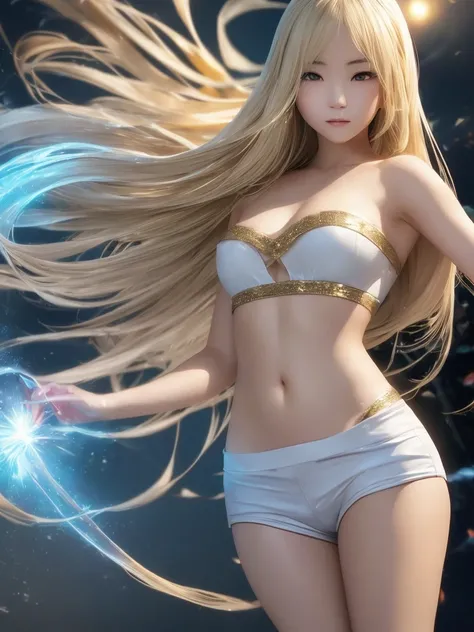 Realistic Beautiful half-Chinese-Japanese woman with light blond hair, her hair is medium length. Wear a white, gold-trimmed outfit with a strapless top and shorts. She is a very mysterious and sexy mage,3D rendering