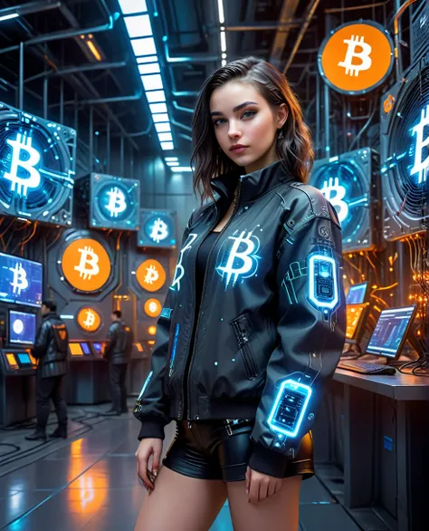 A pretty girl in cyberpunk jacket in a futuristic financial trading hall with high-tech miners mining Bitcoin, the Bitcoin symbol in a technological and electronic scenario, cyberpunk and futuristic, Science fiction, hightech, photo realist, best qualityer