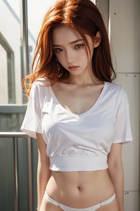 masterpiece, highest quality, 1girl, redhead, (instagram), young, crying, innocent, body, white shirt, short, scaredd, restrained, prison background, ((white top)), ((white panties))