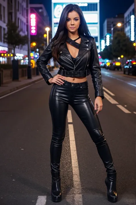 full body Realism, a Hot 24 - year - old Biker girl, dark hair,  beautiful blue eyes, Straight long hair, beautiful hairstyle, light makeup, dressed in a leather jacket, tight leather pants, beautiful shoes on her feet, Night city street in the background,...