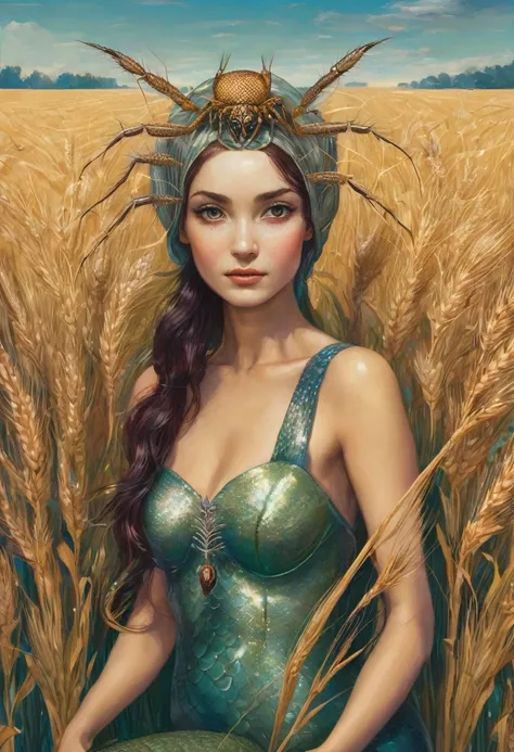 Mermaid in a wheat field, with a spider on the head 