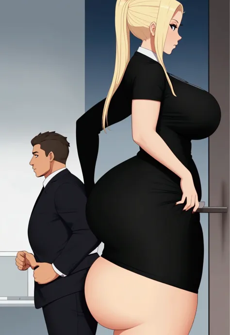 A close-up of just the womans big ass. In an office environment. A woman with blonde hair, wide hips, and a big thick ass is wearing a tight black dress. A man is groping, squeezing, and grabbing her big ass. (((Side view)))