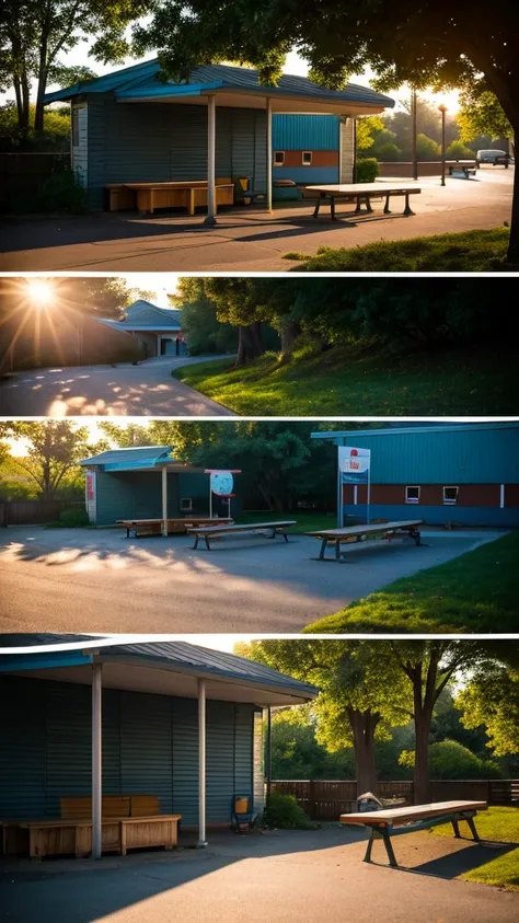 
Imagine a photorealistic image of a deserted rest stop at dawn. The first rays of sunlight stretch across the pavement, casting long shadows from the empty picnic tables and trash cans. In the corner of the image, a lone figure sits on a bench, shrouded i...