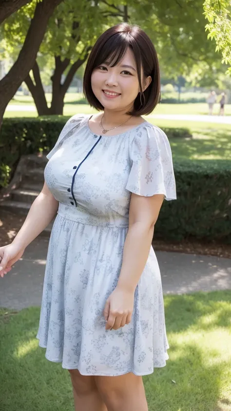 a beautiful and hot almost chubby mature woman.who is wearing a patterned short dress and is and standing in the park. a smiling...