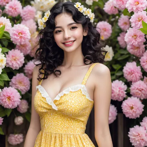 black hair, length below the shoulders,  with curls, girl, marked clavicle,skinny, Brown eyes, cachetona, splash nose,almond eyes, long eyelashes, thick fleshy and pink lips, big breasts, yellow dress with white flowers and a tender smile With light freckl...