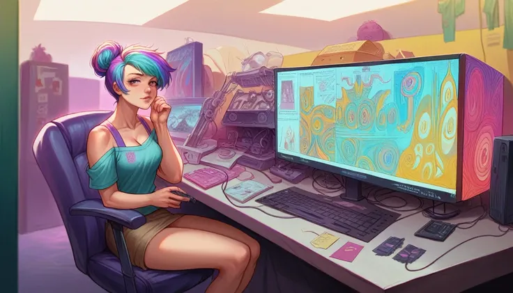 (best quality, masterpiece, ultra detailed, ultra high res, photorealistic, raw photo, absolutely resolution), Cyberpunk, 20 year old woman, sitting on a chair and working on a computer, mechanical room, neon, ((Colorful rooms, colorful clothes, colorful h...