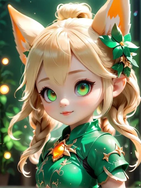 (portraite: 1.8), 3D character rendering，((1 elfo，Blonde double ponytail，Cute haha cara，Pointed ears and charming eyes))，((Hairstyle Design：Bright dark green，添加一些shine light的元素头饰，Designs like orange photoelectric glasses or head-mounted displays：在面部装饰上添加一些...