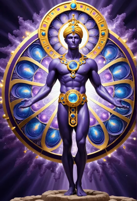 A male human figure who personifyng The Wheel of Fortune, hes the the one who gain ascendance in the eternal cycle of life, full figure depiction,dressed in violet,blue, rich purple and bright blue rayed yellow, intelligence of conciliation, the Lord of th...