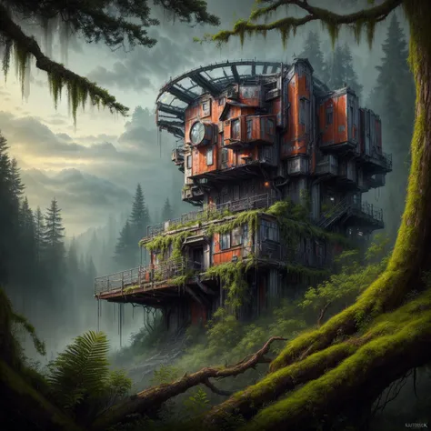 Painting of a red and black house in the middle of a forest, cyberpunk tree house, Science-Fiction-Fantasie-Tapete, Science-Fiction-Fantasy-Kunst, Science-Fiction-Kunstwork, mystical sci-fi concept art, detailed Science-Fiction-Kunst, 4k highly detailed di...