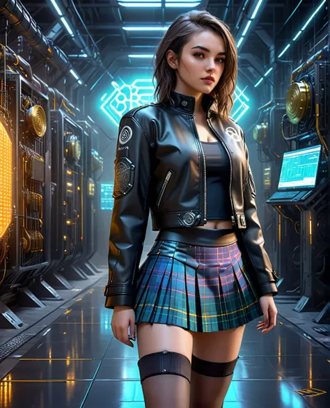 a beautiful girl in cyberpunk jacket and female traditional scottish style skirt in modern pleated tartan kilt and she is in a f...