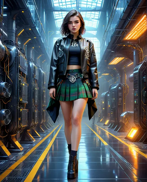 a beautiful girl in cyberpunk jacket and female traditional scottish style skirt in modern pleated tartan kilt and she is in a f...