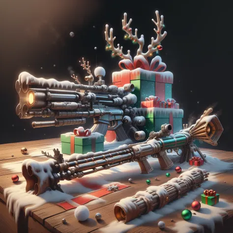 scifi, xmastech,
 (rifle on table) , (simple background:1.3), , product commercial,