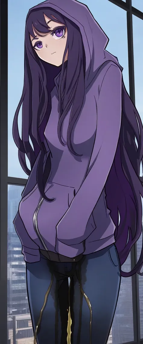 (masterpiece:1.37), best quality, (extremely detailed:1.37), (1girl:1.5), woman, (mature:1.5), (adult:1.5), large breasts, very long hair, (straight hair:1.5), (very dark purple hair:1.5), purple eyes, (extremely detailed eyes:1.37), hoodie, jeans, despera...