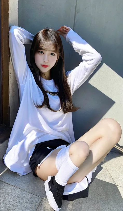 Korean girl wearing shorts legging ,lying down open legs , 