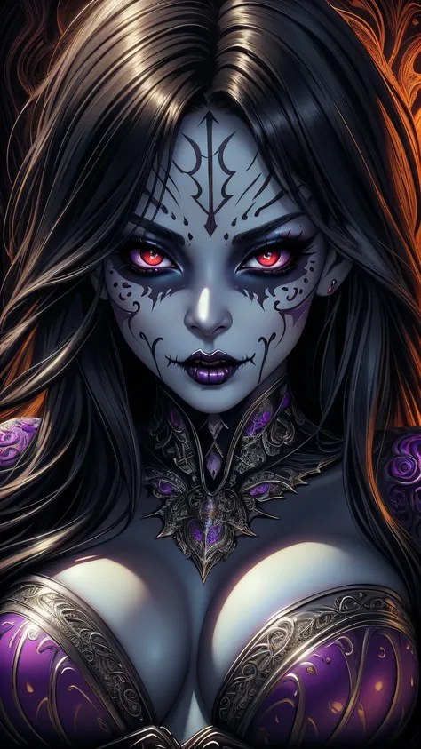 1girl, full body portrait, succubus, day of the dead facepaint and bodypaint, crawling on the floor on hands and knees, scary detailed art in color, sexual demeanour, aroused expression, skin scales, busty, curvy hips, stretch marks, sexy, alluring, erotic...