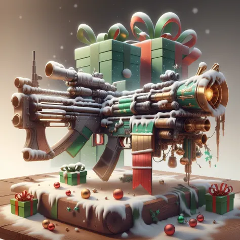 scifi, xmastech,
 (rifle on table) , (simple background:1.3), , product commercial,